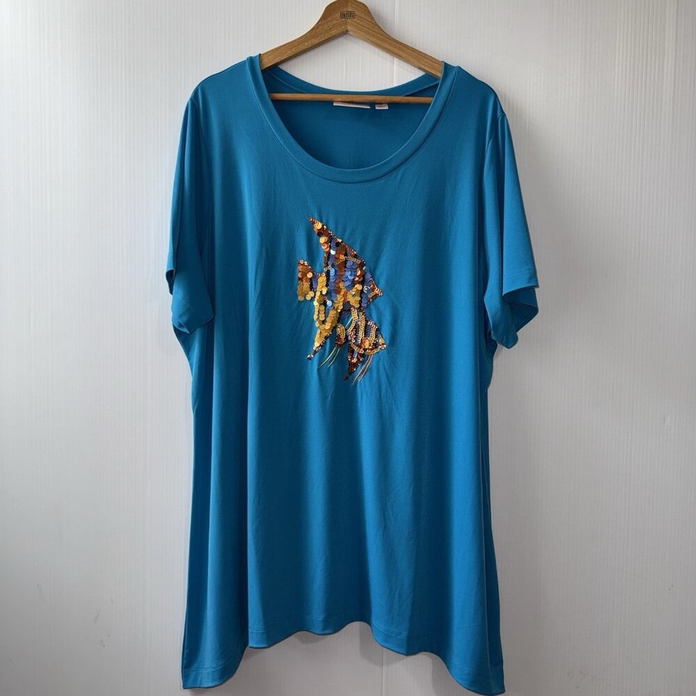 Quacker Factory 2X Sequin Fish Tunic Top Shirt Women’s Light Blue Lycra